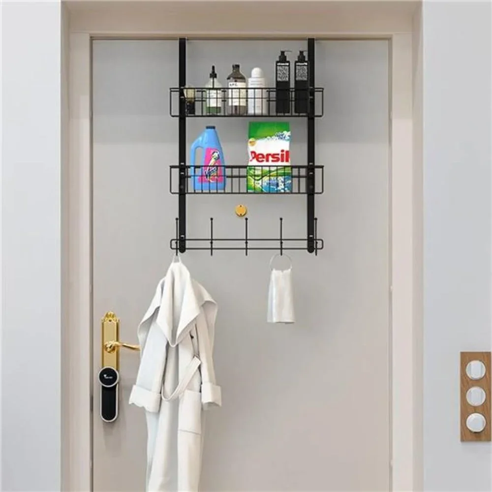 Over The Door Hooks, Door Hanger Towel Rack with 5 Coat Hooks & 2 Mesh Basket